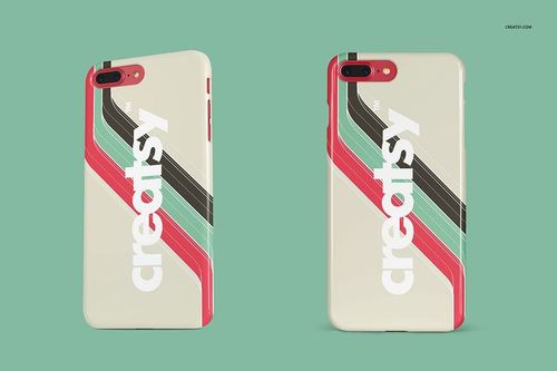 iPhone snap case PSD mockup set showing two cases with a cream base and vibrant diagonal stripe patterns on a green background.