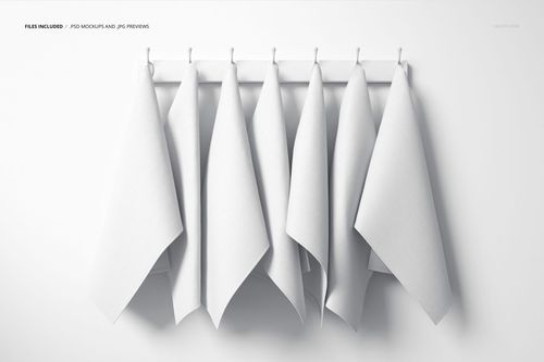 Six blank tea towels suspended on white hooks, evenly spaced on a wall-mounted rack, shown in a fabric mockup scene.