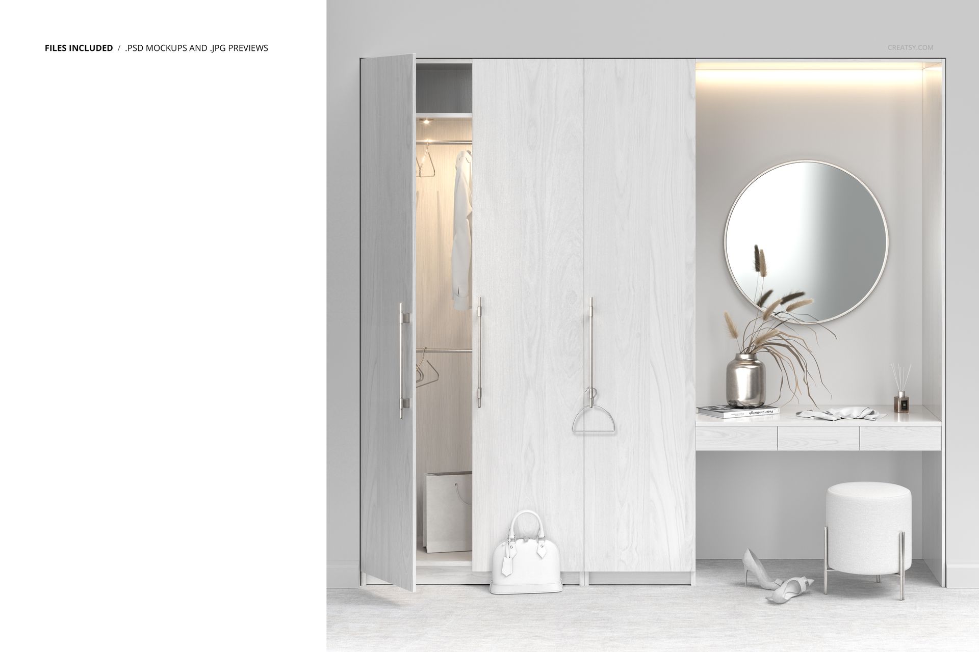 Wardrobe with vanity table mockup featuring light wood textures, round mirror, ottoman, and decorative props in a modern interior.