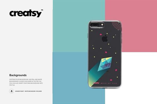 iPhone 8 Plus clear case mockup featuring a vibrant abstract pattern, displayed from the rear on a split-color backdrop.