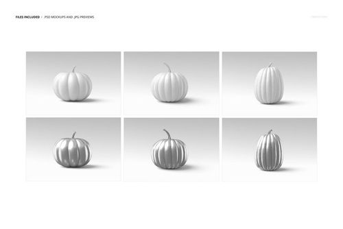 Front view of six white pumpkin mockups arranged in two rows on a light background, each with distinct shapes.
