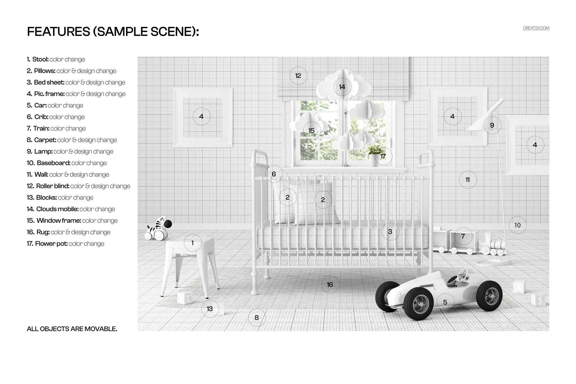 PSD mockup of a nursery scene featuring a white crib, wall art, stool, plush toys, and geometric decor, front perspective.