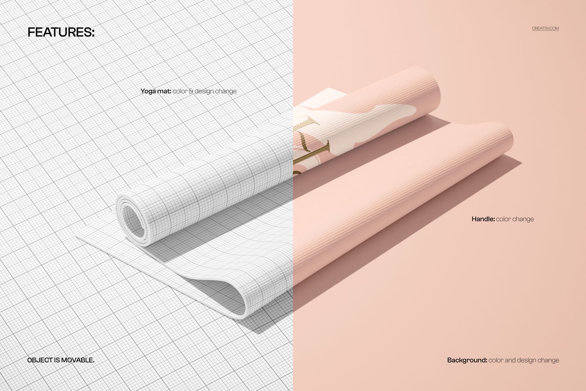 Rolled yoga mat mockup shown from an angled top view, featuring a split scene with grid and pastel backgrounds.