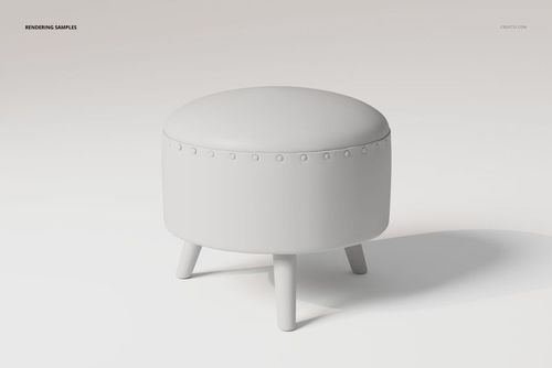Round leather-upholstered ottoman with four short legs, shown in a front angle view on a plain light background.