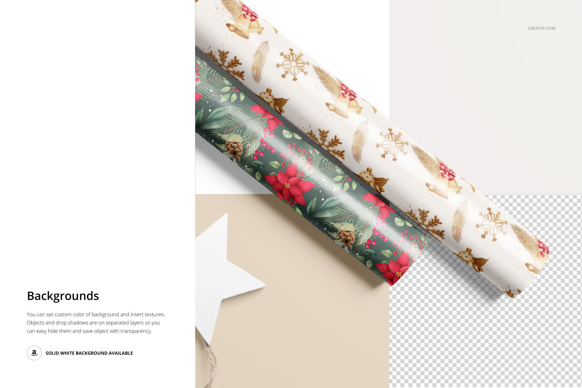 Rolled wrapping paper mockup featuring holiday designs, including gold bells and red flowers, displayed on a white surface.