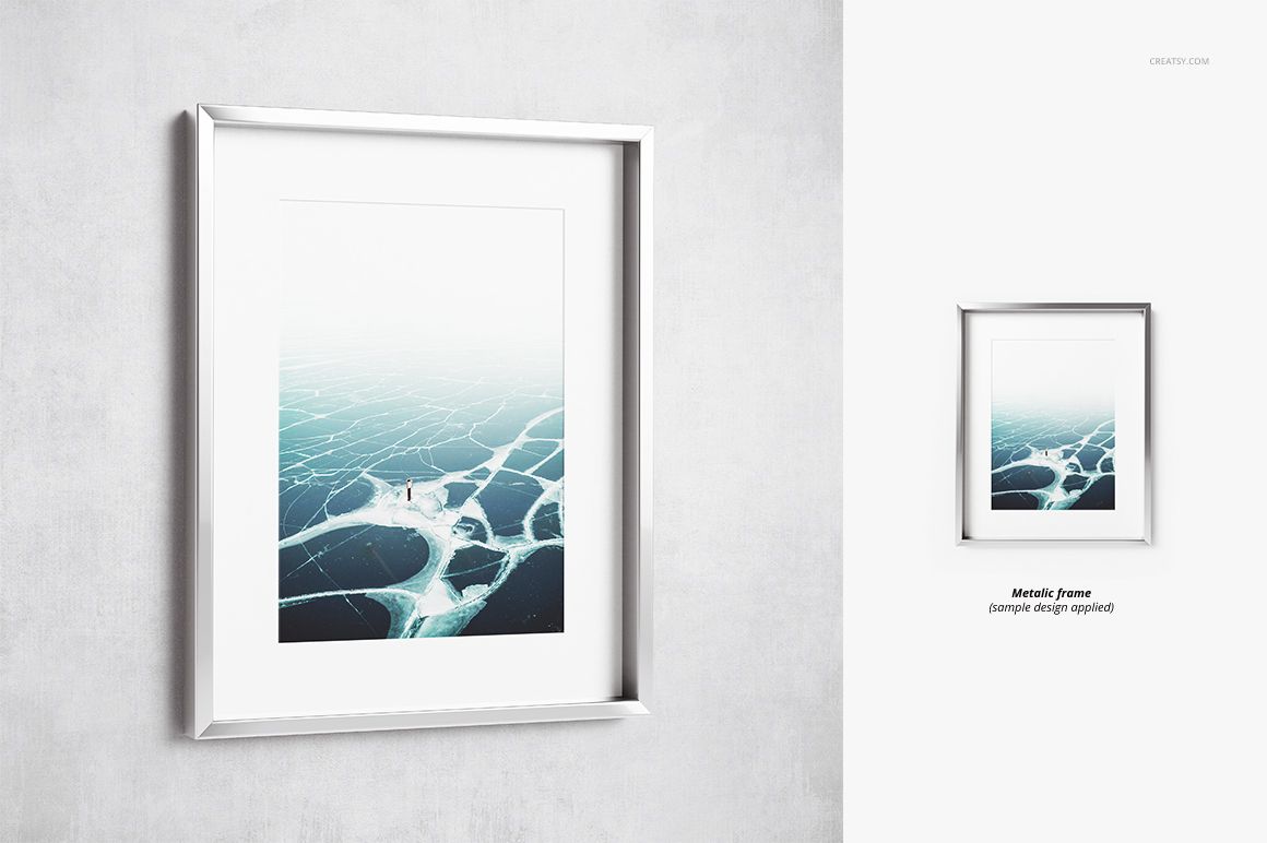 Metallic deep frame mockup featuring a square artwork with abstract blue and white pattern, front view on wall.