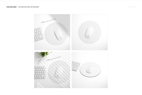 Round mouse pad in four mockup scenes, shown from top and angled views with keyboard, mouse, pencil, and plant.