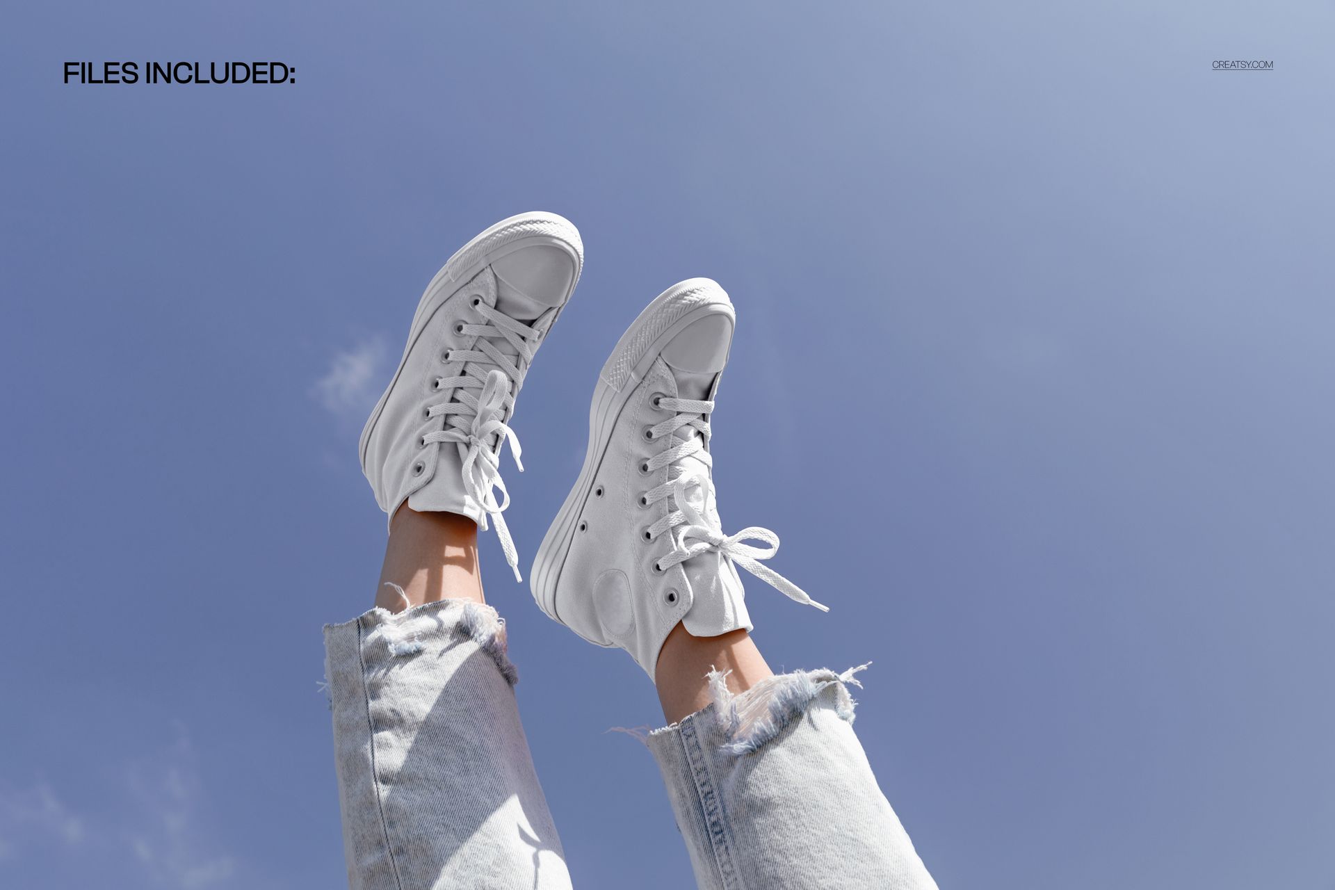 Close-up view of white high-top sneakers on feet, light blue jeans, and clear sky background in a footwear mockup.