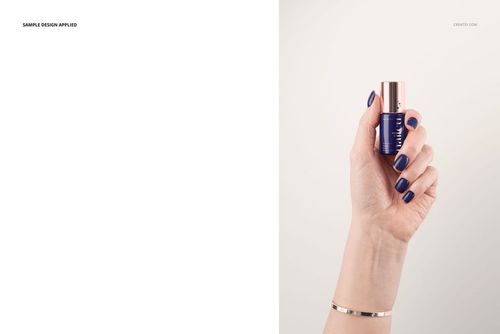 PSD mockup featuring a hand showing a blue nail polish bottle, nails painted in the same color, on a plain backdrop.