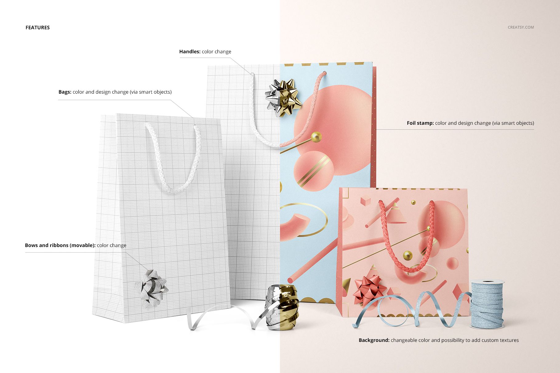 Paper bags mockup set displayed with editable ribbons and bows, showing grid and colorful abstract patterns on bags.