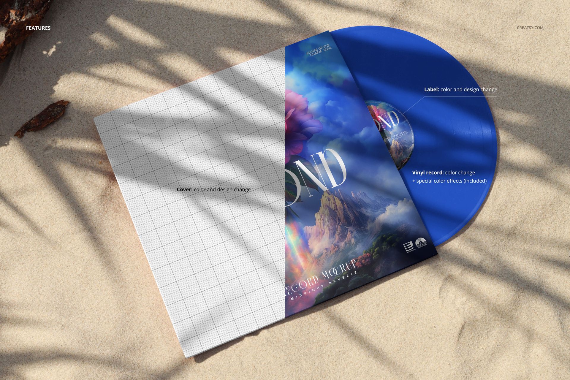 Vinyl album mockup with a blue record and customizable cover, shown on sandy surface with reed shadows.