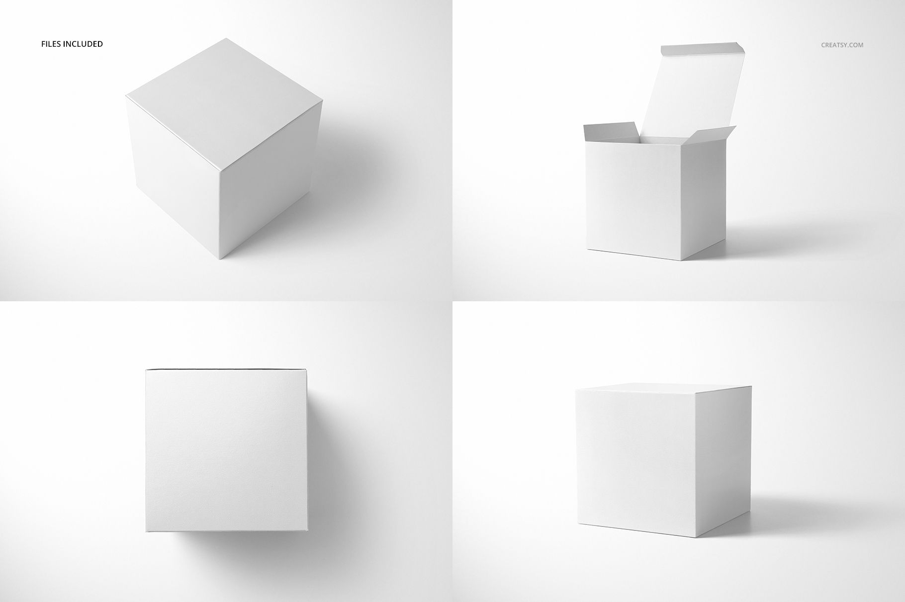 Glossy square gift box mockup shown in four views, including closed, open, top, and angled perspectives on a white background.