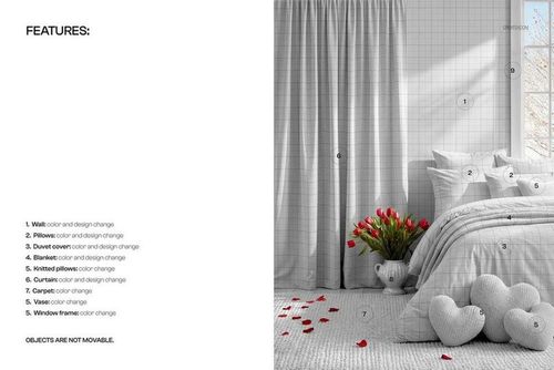 Romantic bedroom mockup featuring a bedding set with pillows and duvet cover, heart-shaped accents, tulips, and soft daylight.
