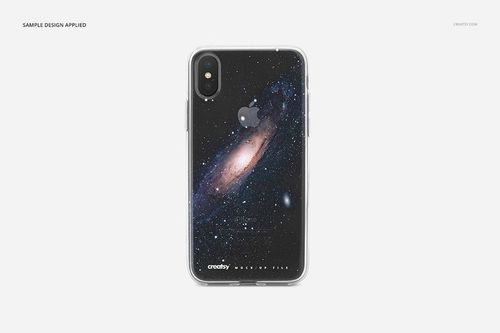 Clear iPhone X case mockup with a cosmic galaxy design on a black phone, shown from the back on a white background.