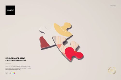 Single heart-shaped jigsaw puzzle pieces mockup showing overlapping pieces in red, beige, and yellow tones.