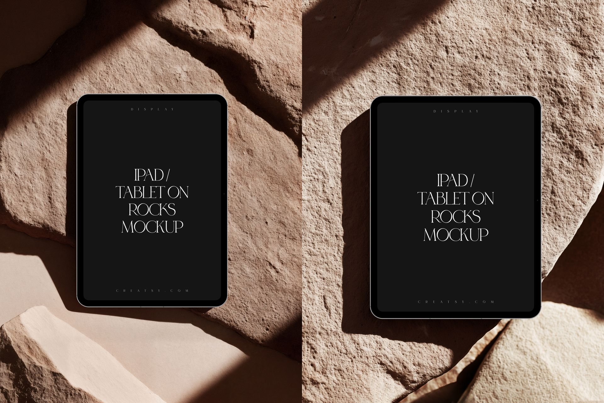 PSD mockup of two iPad Pro tablets resting on stone backgrounds, highlighting their sleek edges and minimal design.