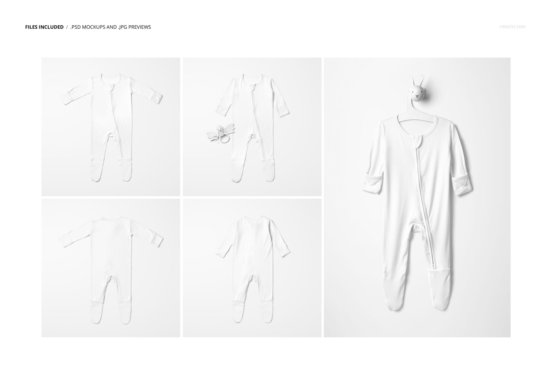 White baby footie onesie mockup set shown in five views, including flat lays and a version on a bunny-shaped hanger.