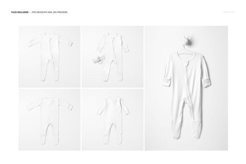 White baby footie onesie mockup set shown in five views, including flat lays and a version on a bunny-shaped hanger.