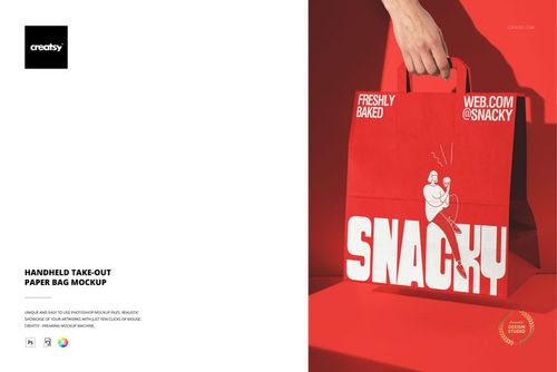 Close-up of a red paper take-out bag mockup with bold white text and illustration, held by a person’s hand.