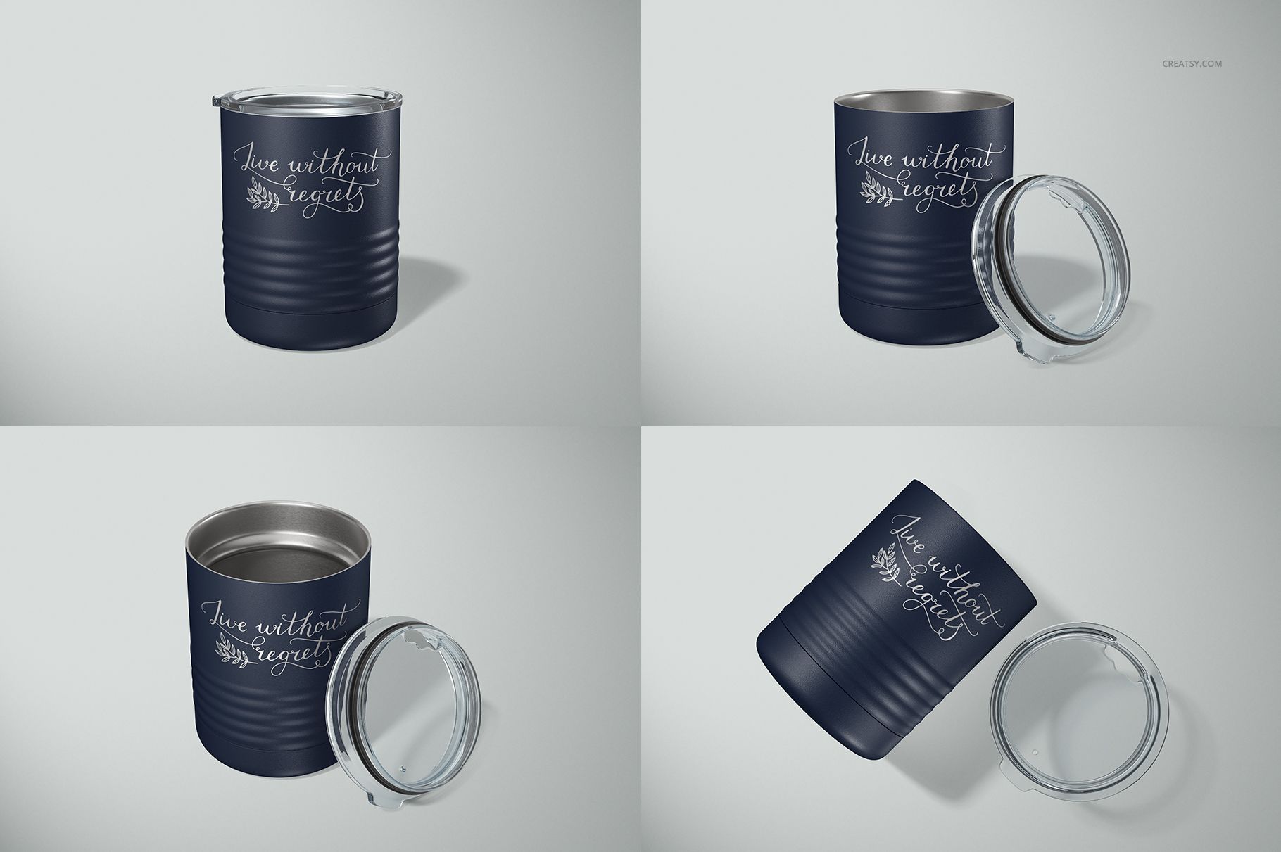 PSD mockup featuring navy blue 10 oz tumblers, some with lids removed, arranged on a neutral backdrop.