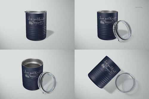 PSD mockup featuring navy blue 10 oz tumblers, some with lids removed, arranged on a neutral backdrop.