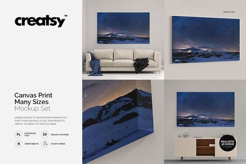 Canvas print mockup set showing a night sky and mountain scene in various room settings and perspectives.