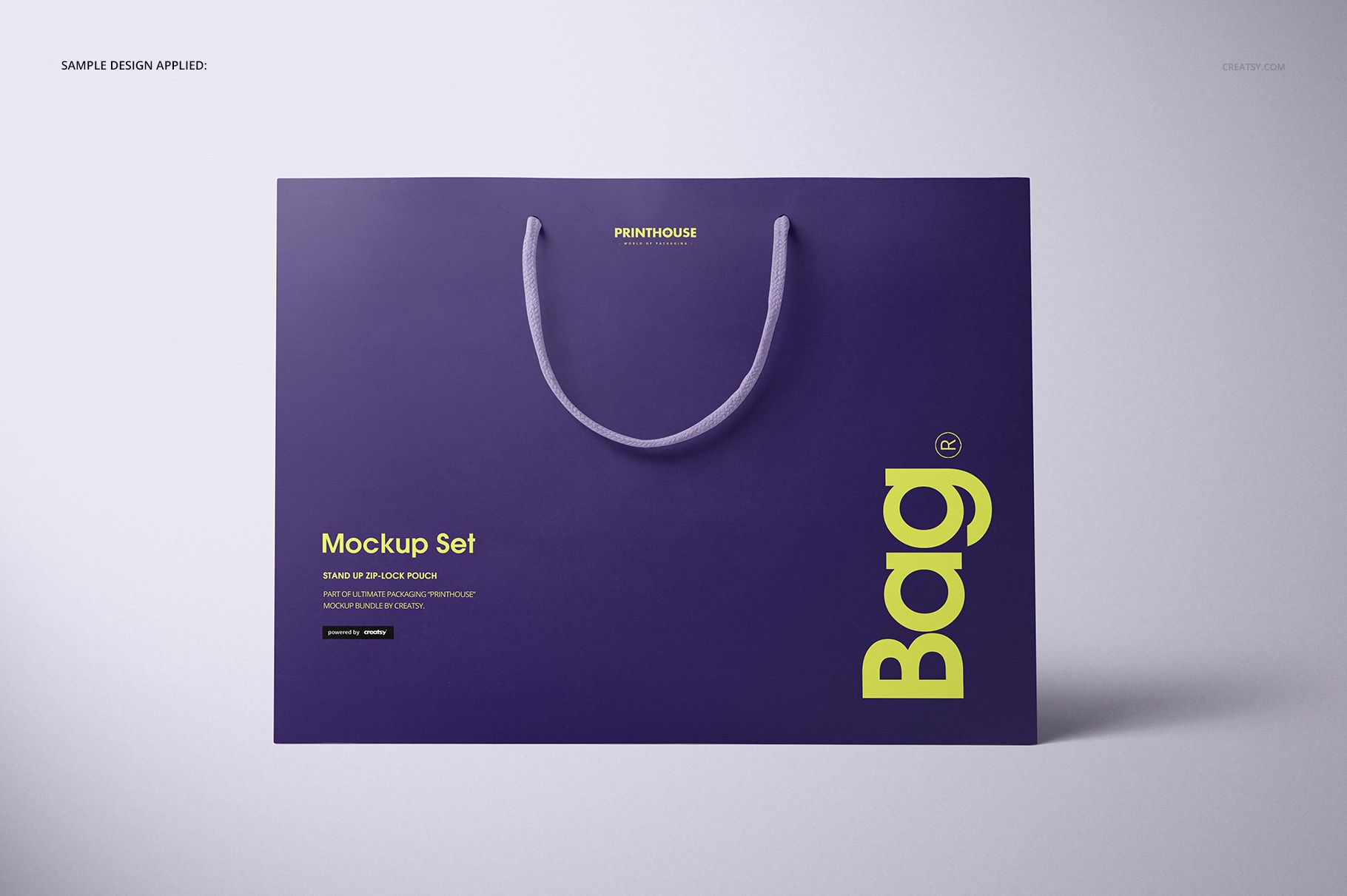 Eurotote bag PSD mockup featuring a rectangular purple bag with rope handles and yellow graphic elements.