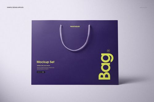 Eurotote bag PSD mockup featuring a rectangular purple bag with rope handles and yellow graphic elements.