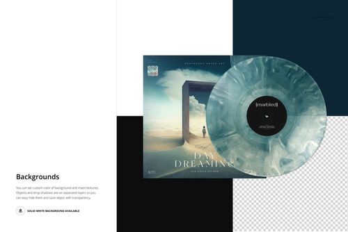 Vinyl record with marbled blue-gray pattern next to illustrated cover, shown on a multi-section background for PSD mockup.