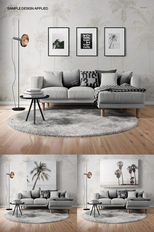 Modern living room with a gray sofa, round rug, decorative pillows, tapestry, and framed wall art in a PSD mockup.