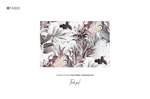 Front view of a fabric bolt mockup featuring a botanical pattern with muted pink, brown, and white tones.