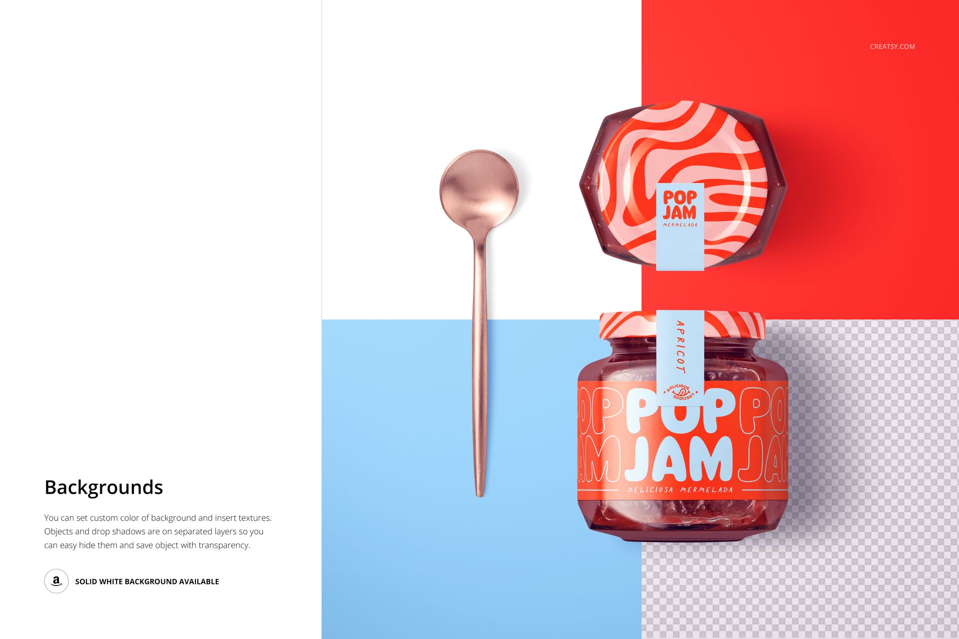 Top-down perspective of a jam jar mockup with a vibrant patterned lid, next to a copper spoon on a color-blocked surface.