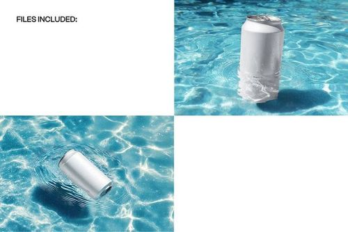 Silver can mockup floating upright in clear blue water, with sunlight reflections and ripples surrounding the can.