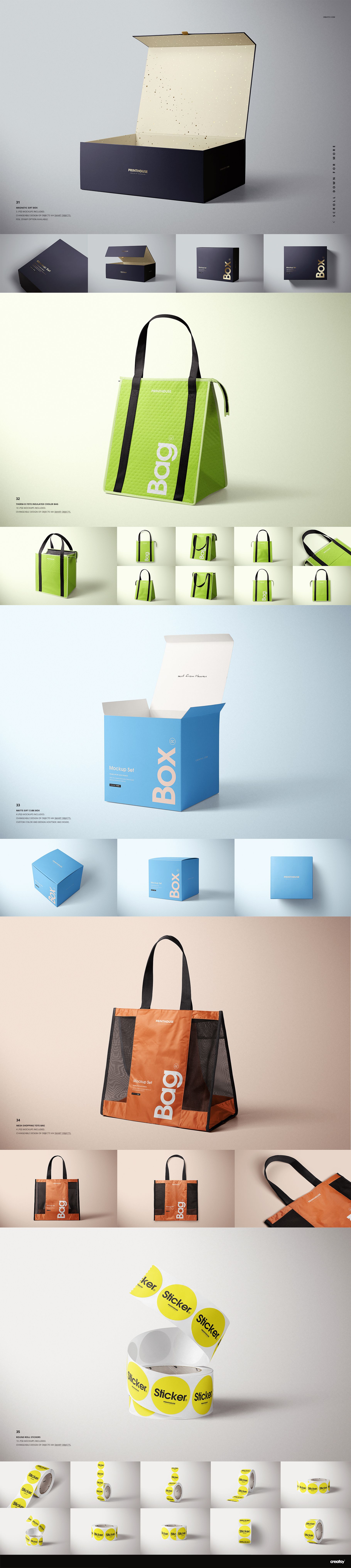 Various packaging mockups including boxes, shopping bags, and stickers in assorted colors shown from multiple angles.