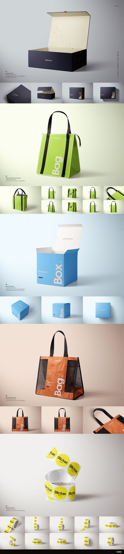 Various packaging mockups including boxes, shopping bags, and stickers in assorted colors shown from multiple angles.