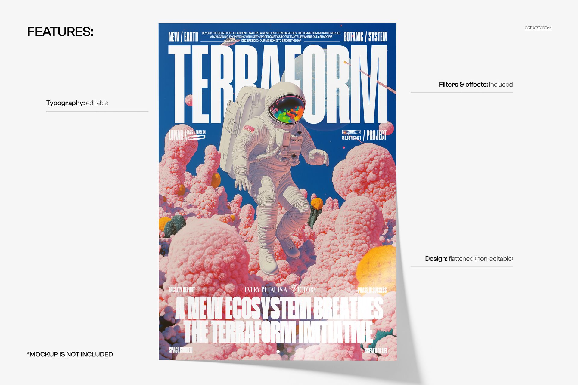 PSD mockup of a poster showing an astronaut floating among vibrant pink formations and cosmic scenery, viewed from the front.