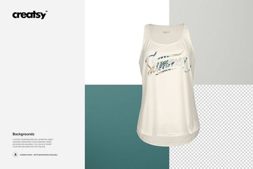 Front view of a women's tank top mockup with a rounded hem, white fabric, and a large cursive design across the chest.