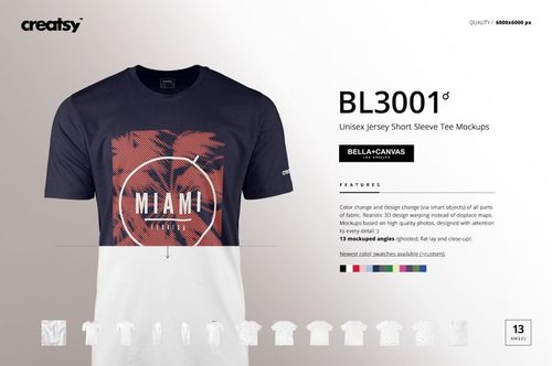 Front view of a men's short sleeve tee mockup, featuring a navy and white shirt with a Miami graphic design.