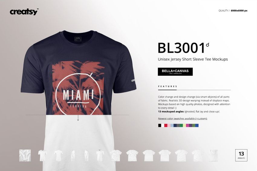 Front view of a men's short sleeve tee mockup, featuring a navy and white shirt with a Miami graphic design.
