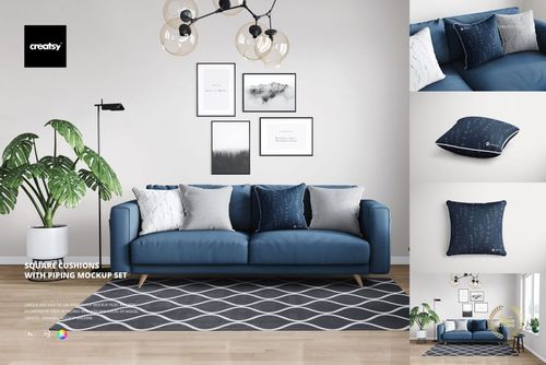 Square cushions with piping in navy and white, displayed on a sofa in a contemporary living room mockup.