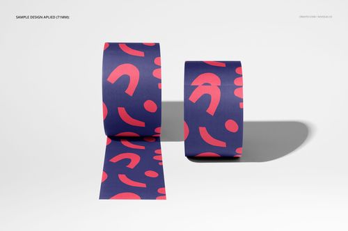 Noissue packing tape mockup set displaying rolls with a playful pink pattern on a dark blue background, casting shadows.
