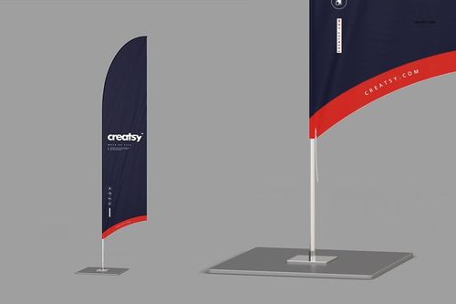 Outdoor flag mockup set featuring two vertical advertising flags with navy blue and red design on gray background.