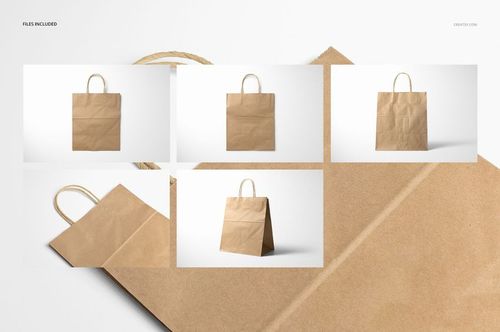 Natural kraft shopping bag mockup set showing a brown paper bag with twisted handles in various perspectives.