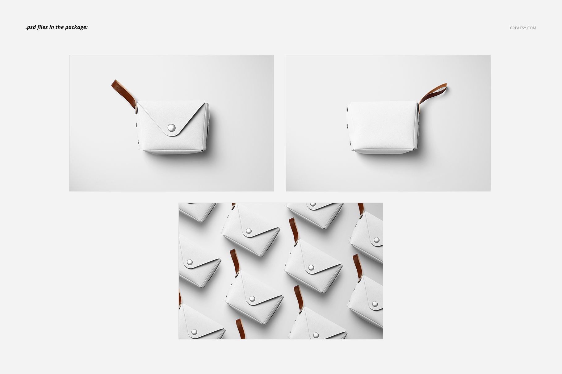 Front and angled views of a small leather pouch wallet mockup in white with a brown strap on a plain background.