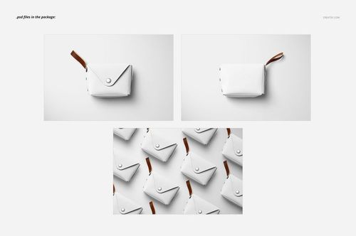 Front and angled views of a small leather pouch wallet mockup in white with a brown strap on a plain background.