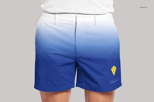 Men's shorts mockup featuring a blue ombre design with tiny white dots, displayed on a model from the waist down.