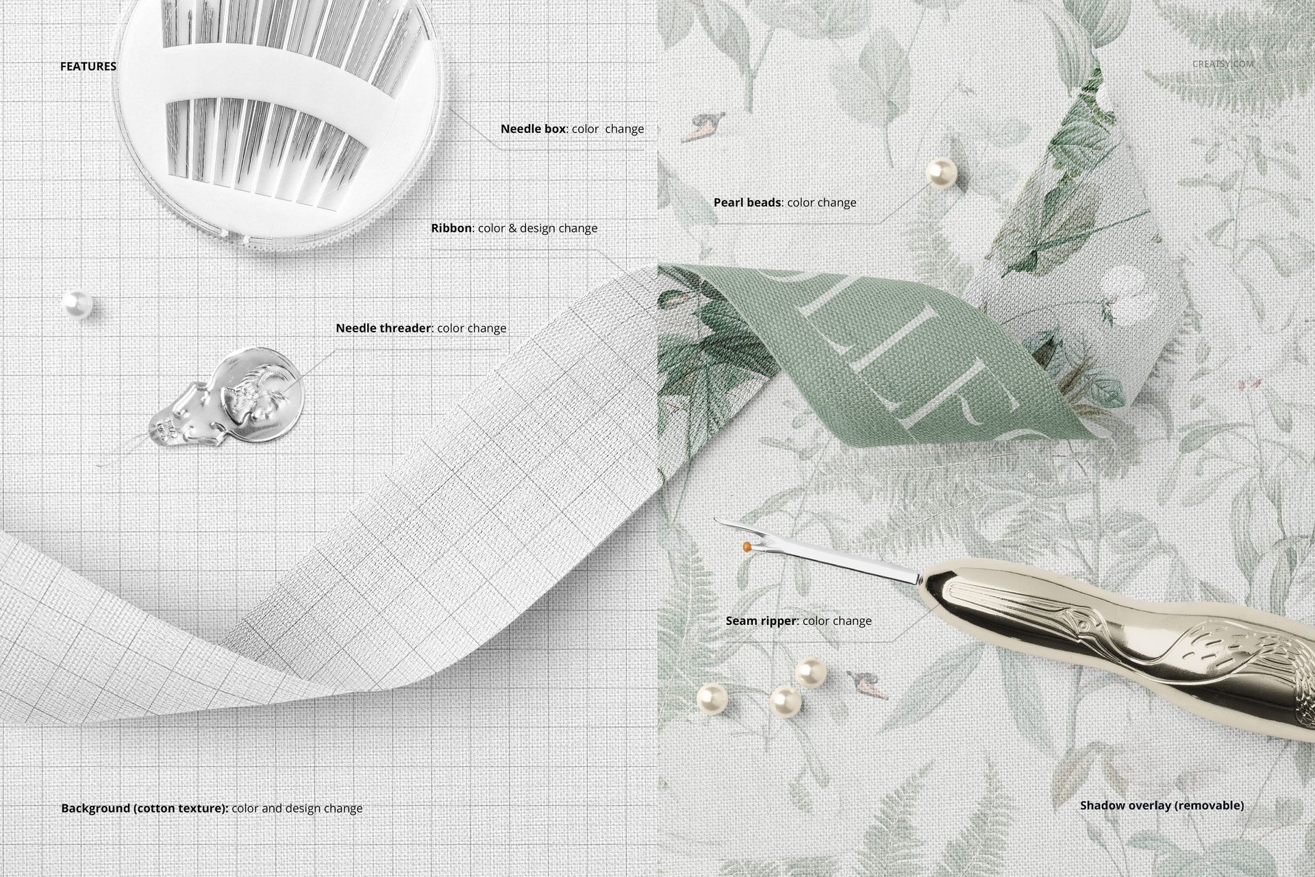 Closeup of Wide Cotton Ribbon and Sewing Tools Mockup - mockup screenshot 3