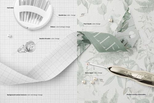 Wide cotton ribbon mockup displayed with sewing accessories, including a seam ripper and needle threader on patterned fabric.