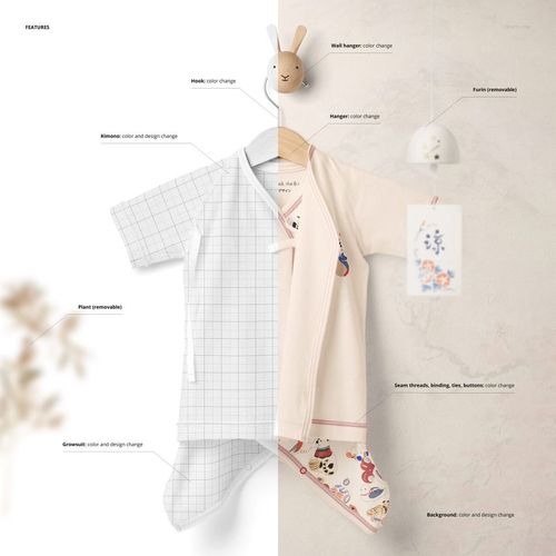 Split-view mockup of a baby kimono bodysuit, showing customizable patterns and colors, with wall hanger and soft background.