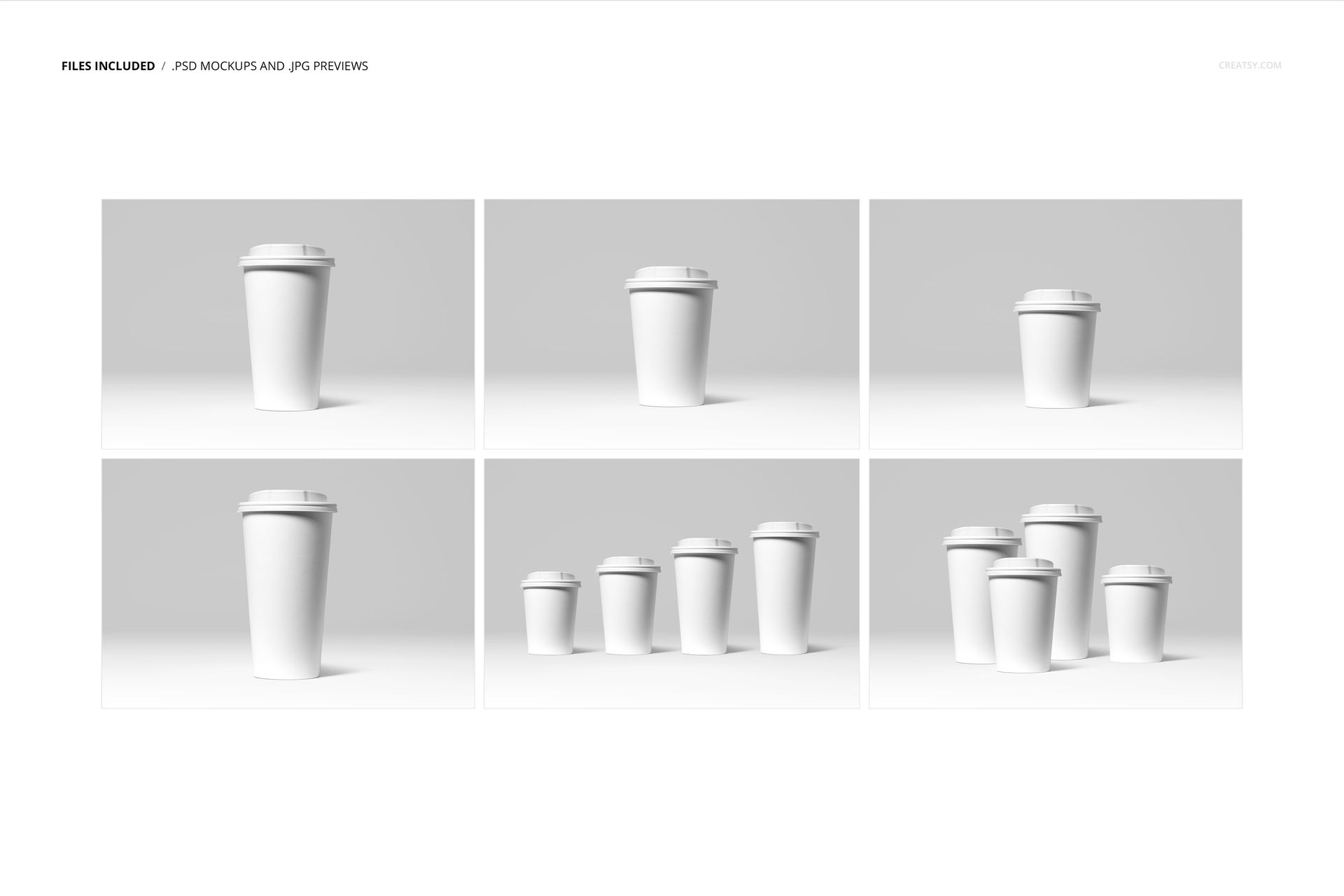 Paper cups mockup set featuring several cups with lids, photographed from front and angled perspectives on white.
